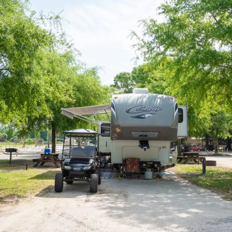 Golf cart next to an RV shaded by nearby trees