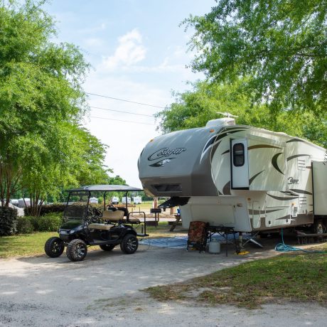 Golf cart next to an RV shaded by nearby trees