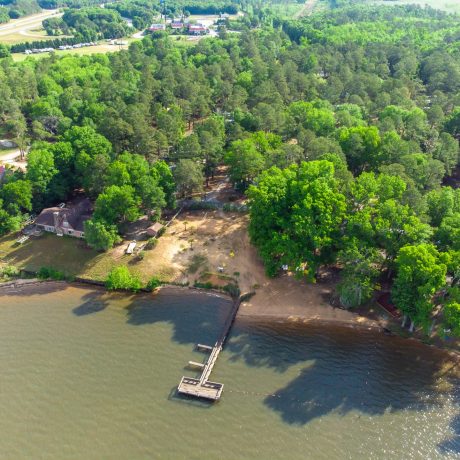 Aerial view of wooden pier in the lake by wooded area