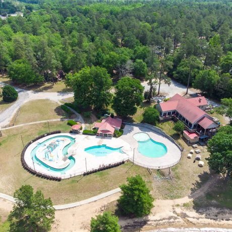 aerial view of Palmetto Shores Resort pool and rec area